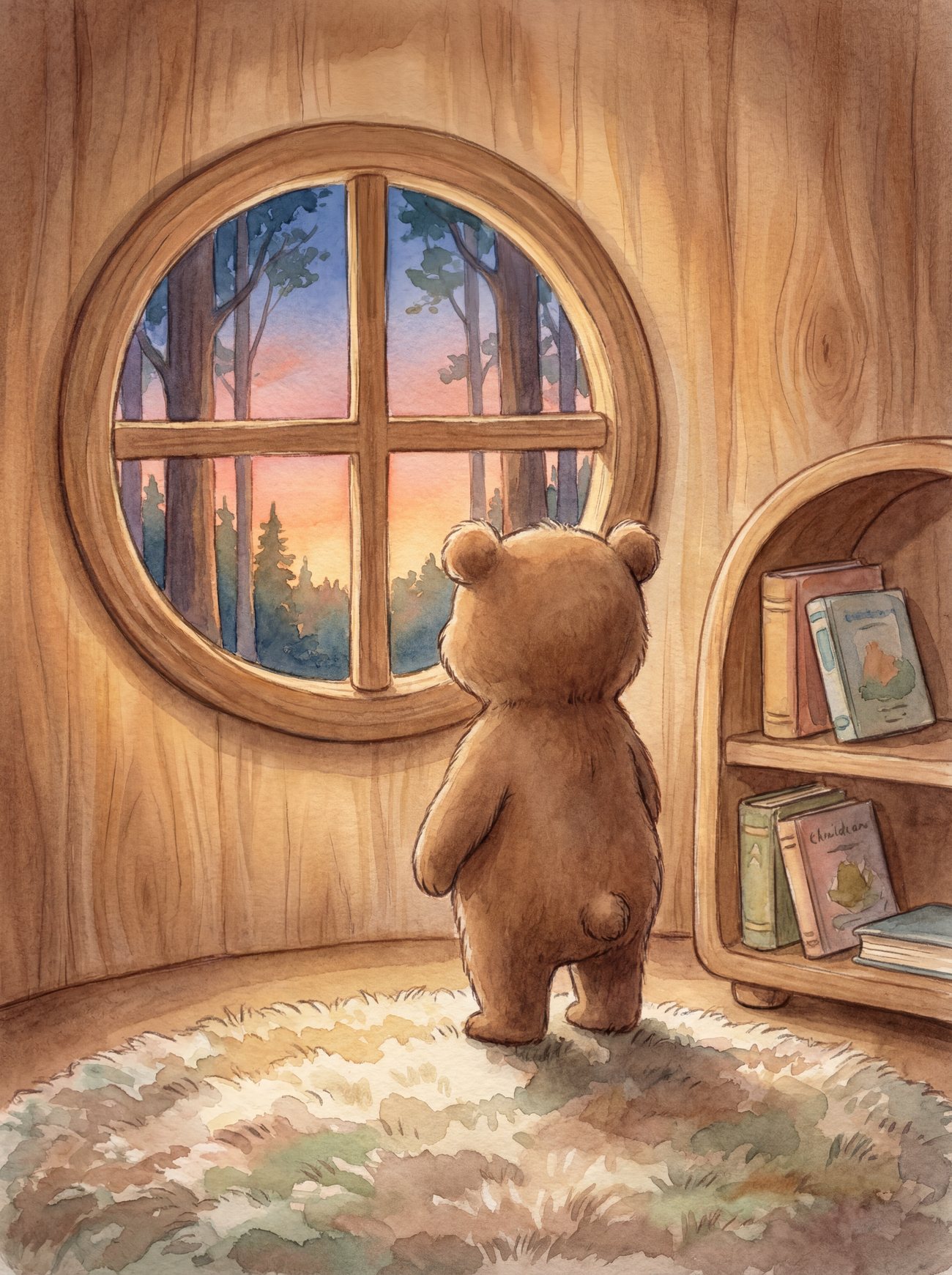 Der kleine Bär steht in seiner Hütte am runden Fenster und schaut in den Sonnenuntergang