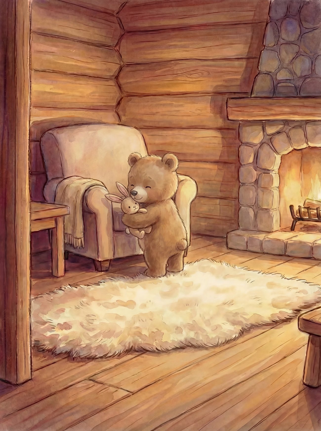 Der kleine Bär drückt seinen Kuschelhasen