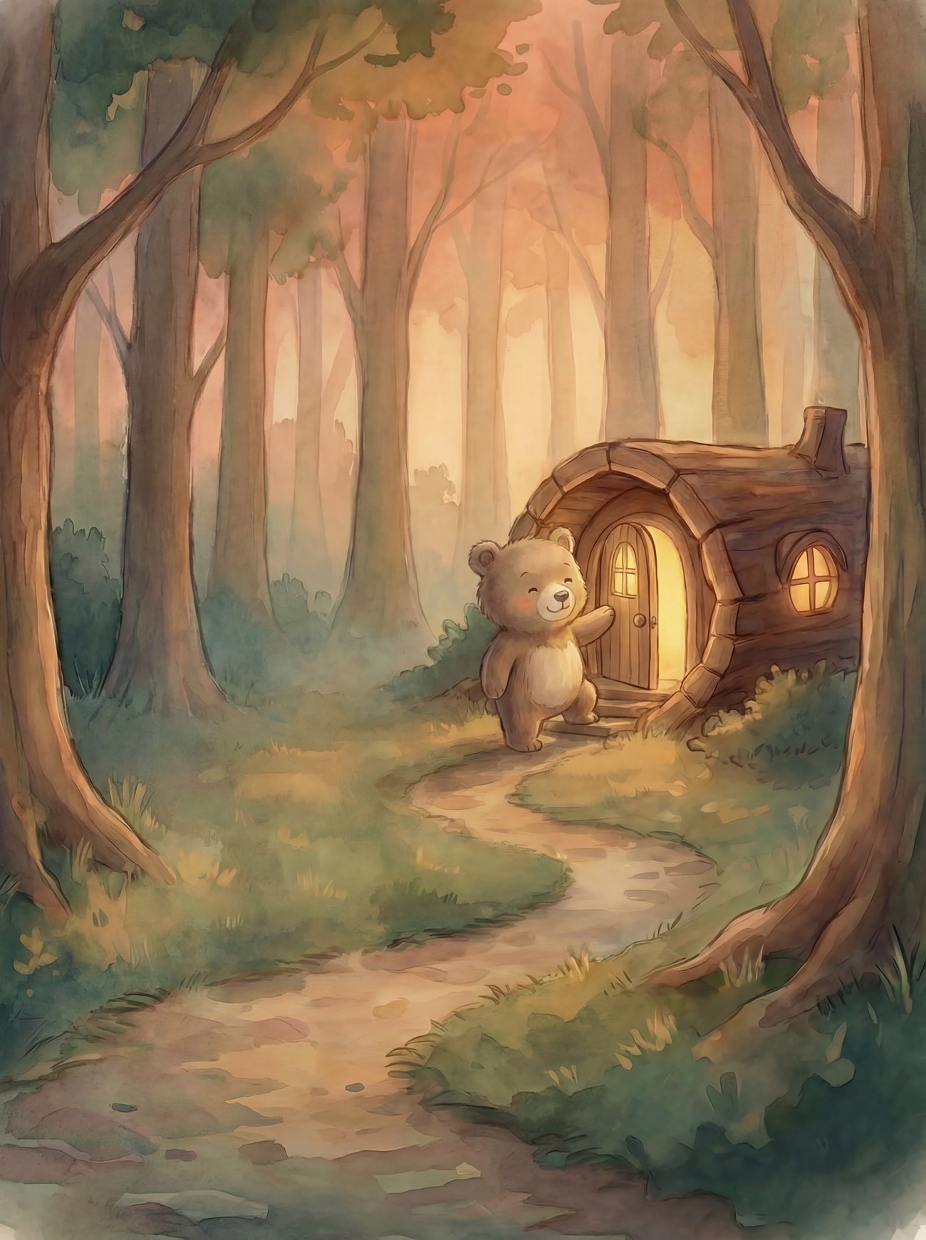 Der kleine Bär geht in der Dämmerung auf sein beleuchtetes Waldhaus zu