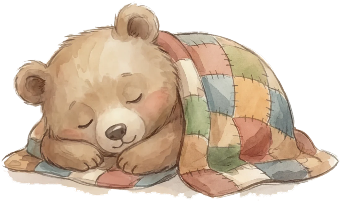 Der kleine Bär schläft zufrieden unter seiner Decke