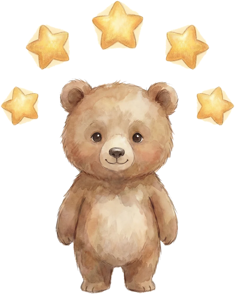 Der kleine Bär steht unter fünf Sternen und lächelt