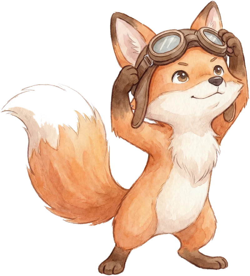 Der kleine Fuchs mit Fliegerbrille schaut hoffnungsvoll nach oben