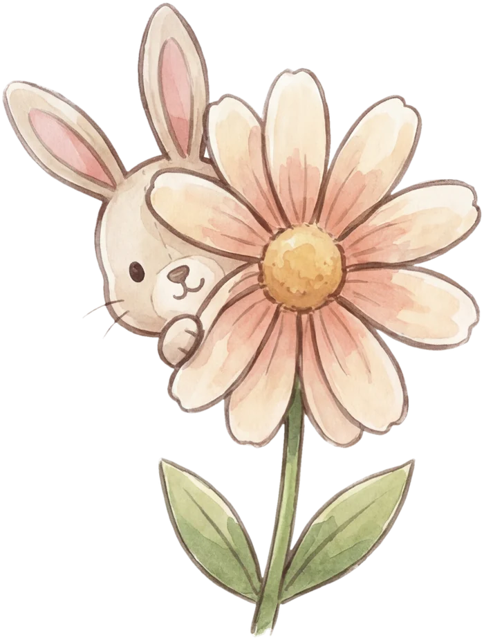 Der Kuschelhase schaut hinter einer rosa Blume hervor