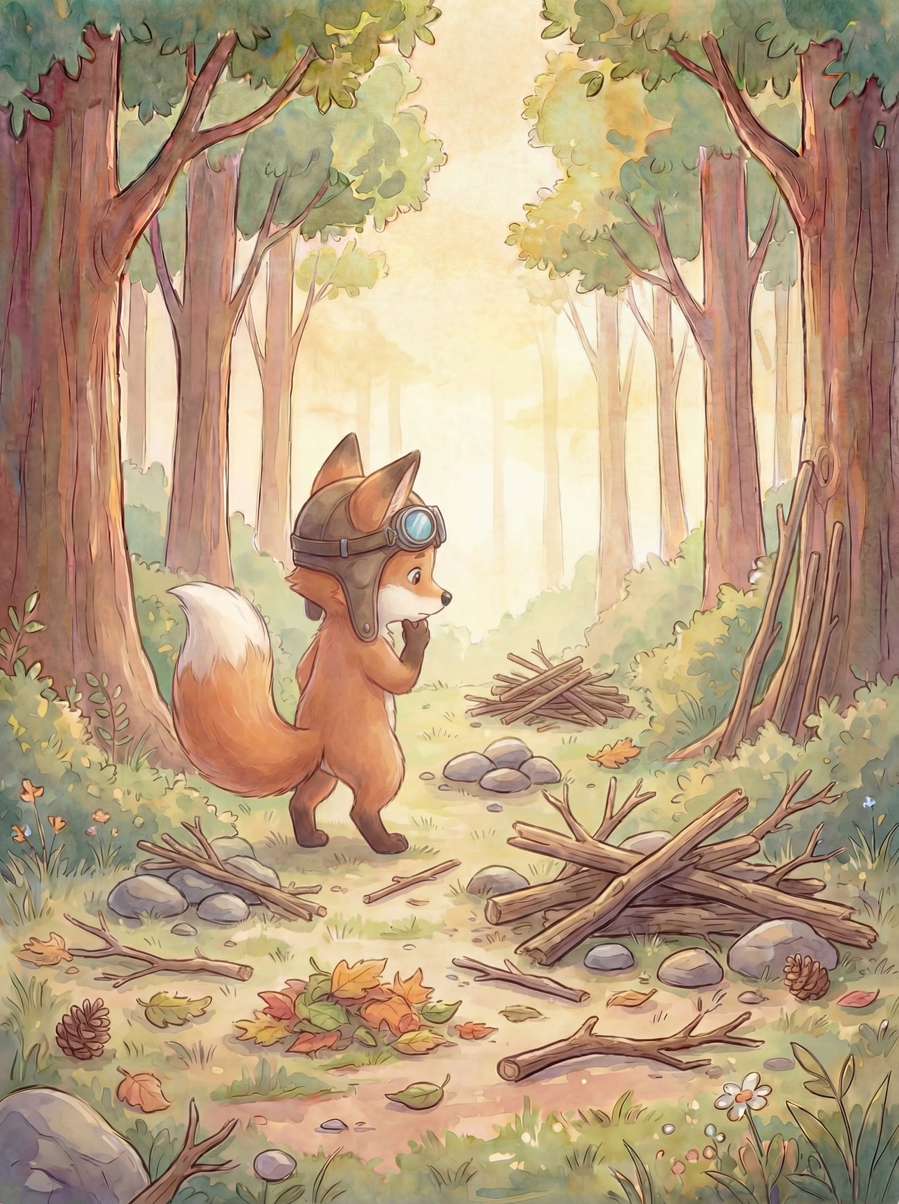 Der kleine Fuchs baut aus Ästen einen Turm