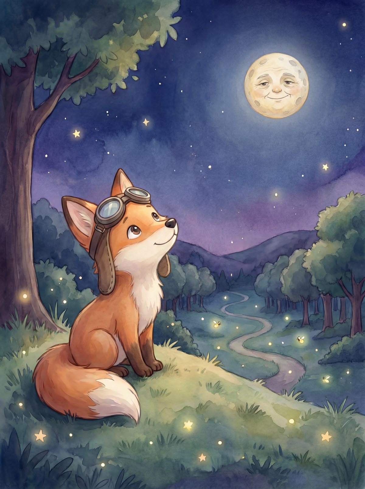 Der kleine Fuchs mit Fliegerbrille sitzt nachts auf einem Hügel und schaut zum lächelnden Mond