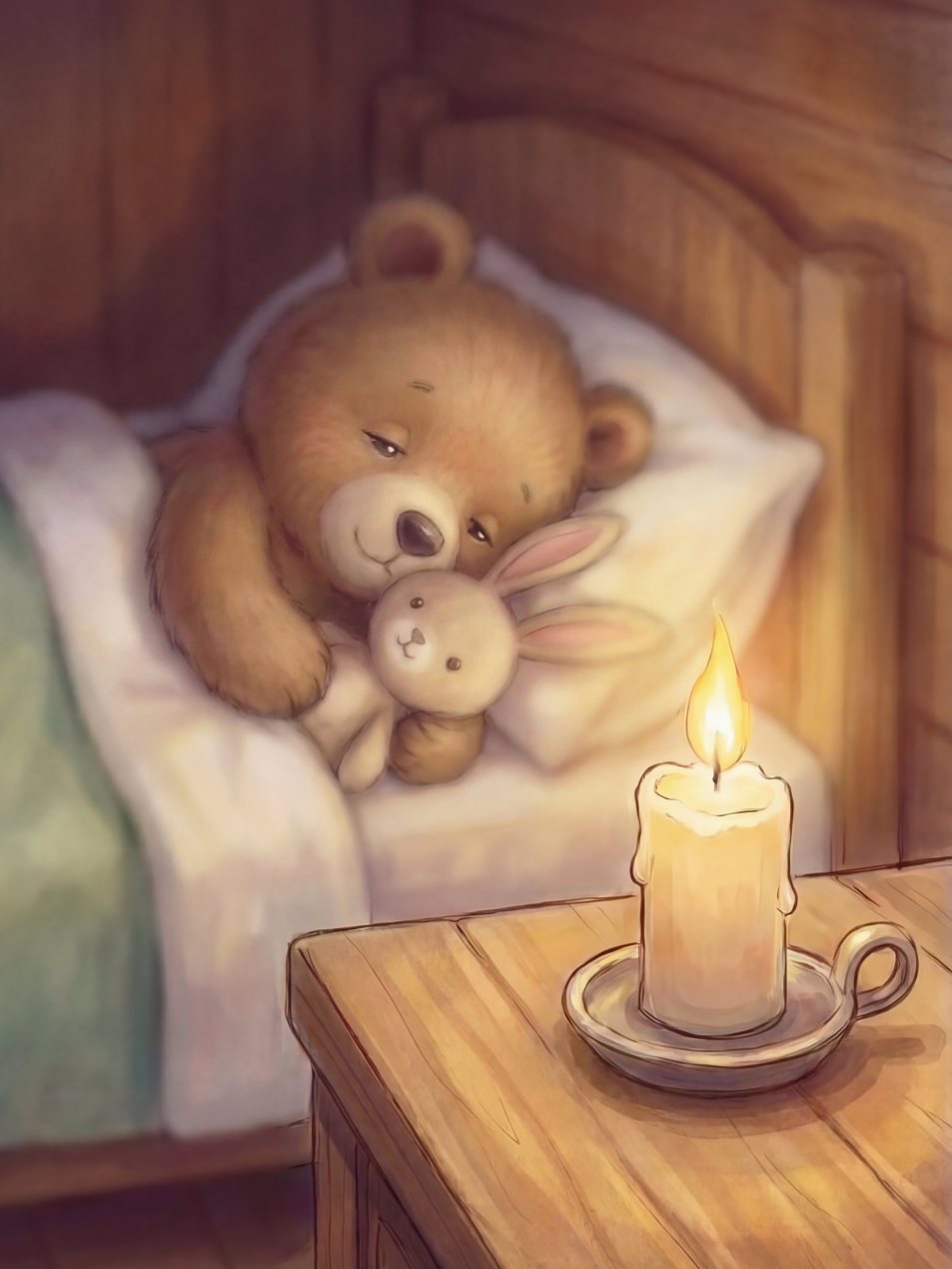 Der kleine Bär liegt im Bett, auf dem Nachttisch brennt eine Kerze, Seite 61