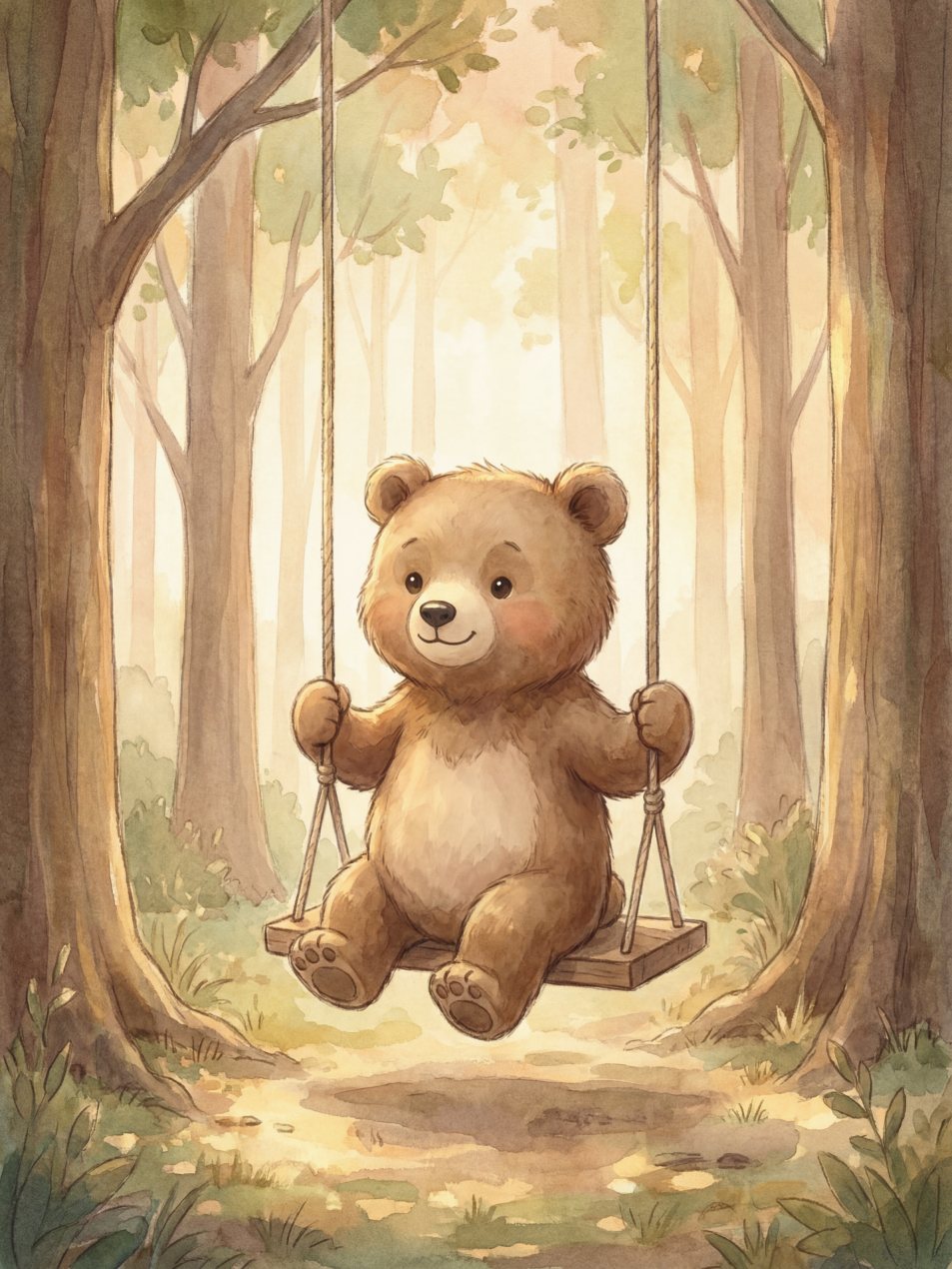 Der kleine Bär sitzt auf einer Holzschaukel