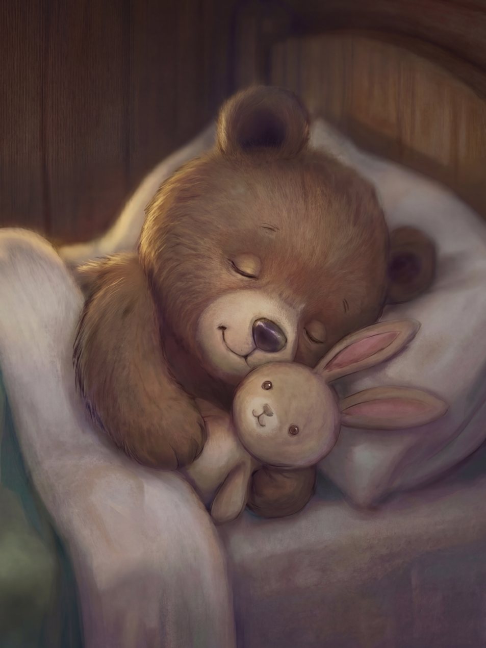 Der kleine Bär schläft mit seinem Kuschelhasen, die Kerze ist aus